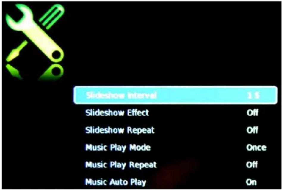 Slideshow Interval 1 S Slideshow Effect Off Slideshow Repeat Off Music Play Mode Once Music Play Repeat Off Music Auto Play On