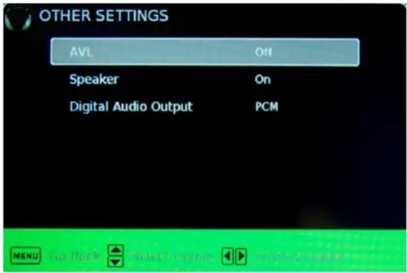 OTHER SETTINGS AVL Off Speaker On Digital Audio Output PCM MENU Go Back Select Option TV