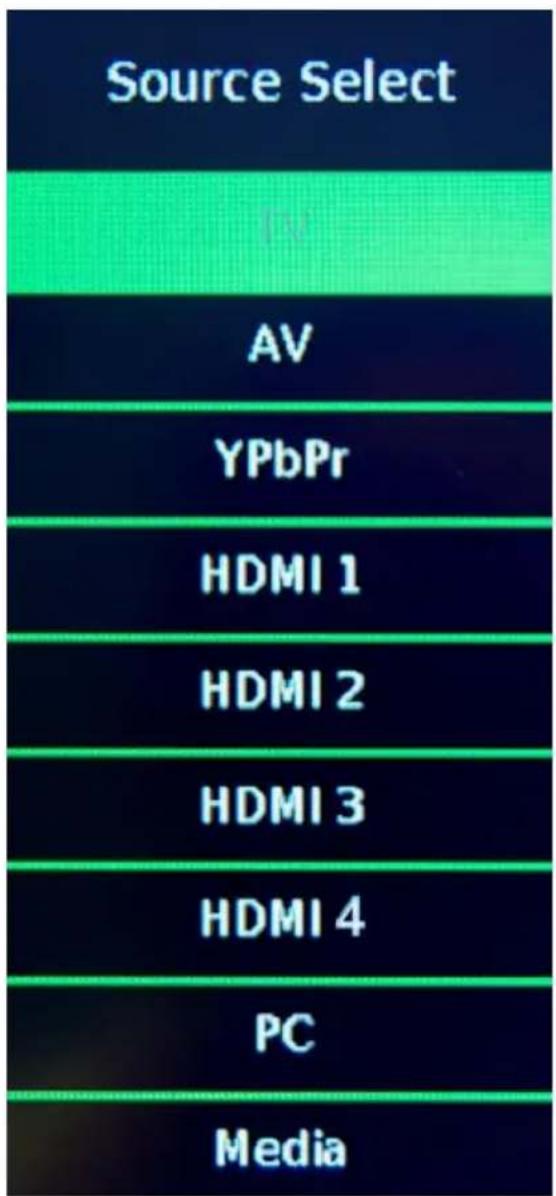Source Select AV YPbPr HDMI 1 HDMI 2 HDMI 3 HDMI 4 PC Media