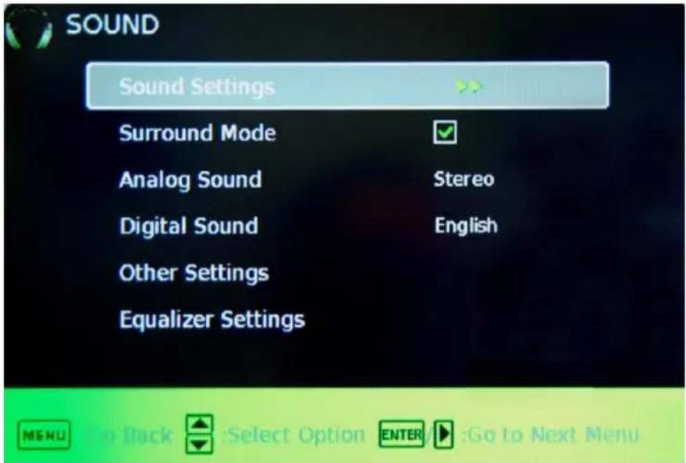 SOUND Sound Settings Surround Mode Analog Sound Digital Sound Other Settings Equalizer Settings Stereo English MENU Go Back Select Option ENTER Go to Next Menu