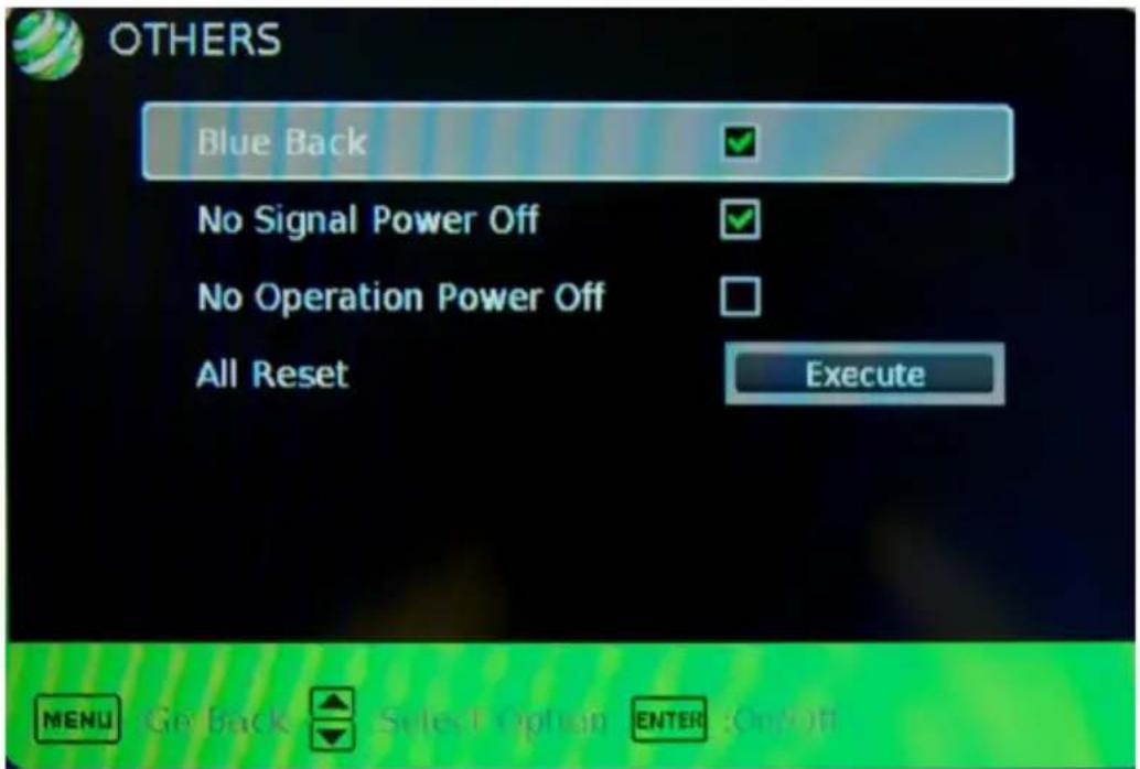 OTHERS Blue Back No Signal Power Off No Operation Power Off All Reset Execute MENU Go Back Select Option ENTER On/Off