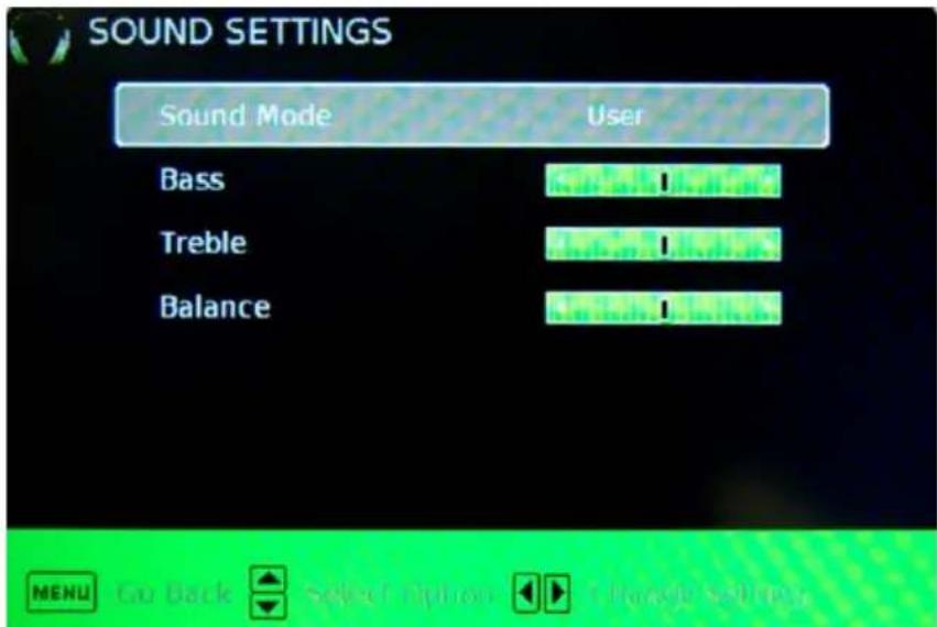 SOUND SETTINGS Sound Mode User Bass Treble Balance