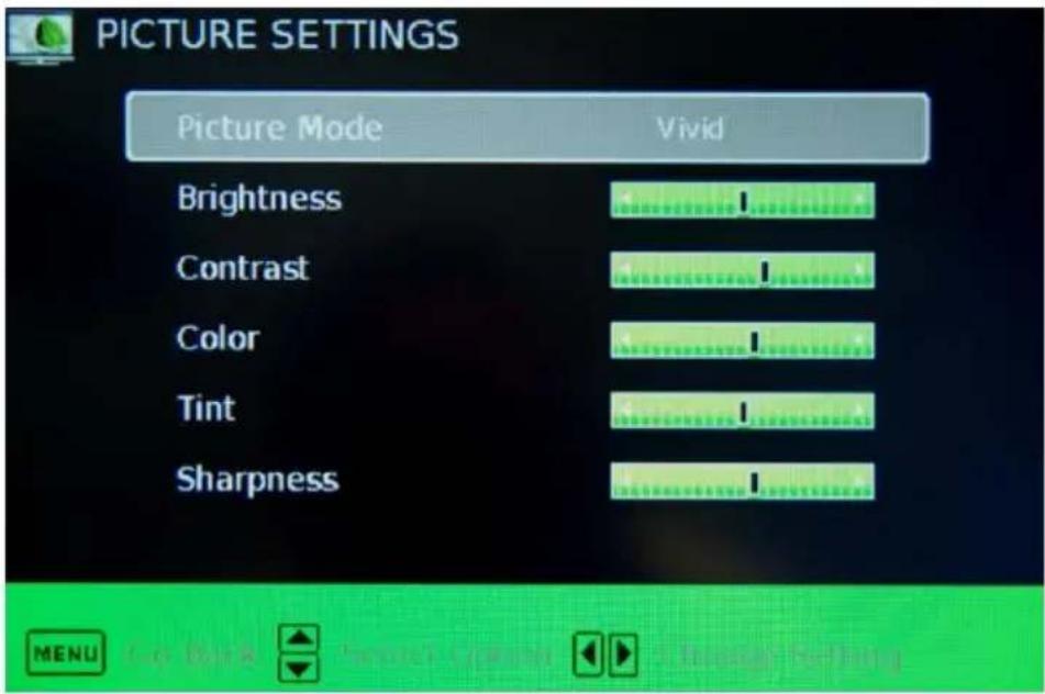 PICTURE SETTINGS Picture Mode Vivid Brightness Contrast Color Tint Sharpness