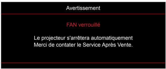 Avertissement FAN verrouillé Le projecteur s'arrêtera automatiquement Merci de contater le Service Après Vente.
