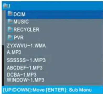 DCIM MUSIC RECYCLER PVR ZYXWVU~1.WMA A.MP3 SSSSSS~1.MP3 ABCDEF~1.MP3 DCBA~1.MP3 WINDOW~1.MP3 [UP/DOWN]:Move [ENTER]: Sub Menu