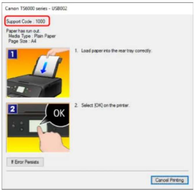 CANON Pixma TS6020 - When a Support Code and a message are displayed on the computer screen: - 1