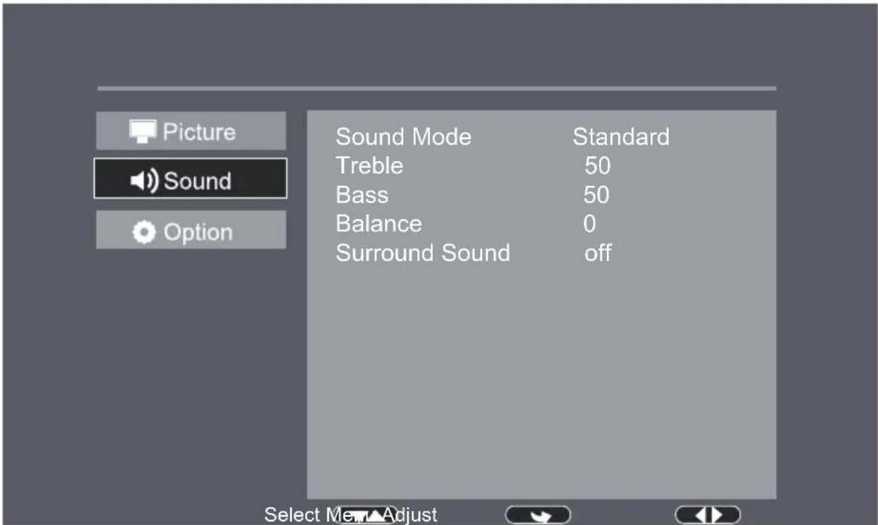 Picture Sound Option Sound Mode Standard Treble 50 Bass 50 Balance 0 Surround Sound off Select Me Adjust