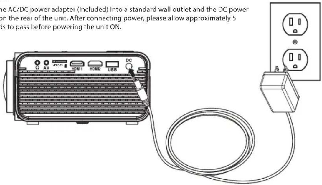 the AC/DC power adapter (included) into a standard wall outlet and the DC power on the rear of the unit. After connecting power, please allow approximately 5 leads to pass before powering the unit ON.