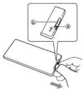 Diagram showing a hand holding a device with labeled parts (a, b) and an arrow indicating direction or force.