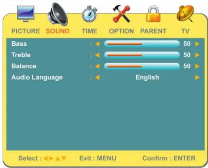 PICTURE SOUND TIME OPTION PARENT TV Bass 50 Treble 50 Balance 50 Audio Language English Select : Exit : MENU Confirm : ENTER