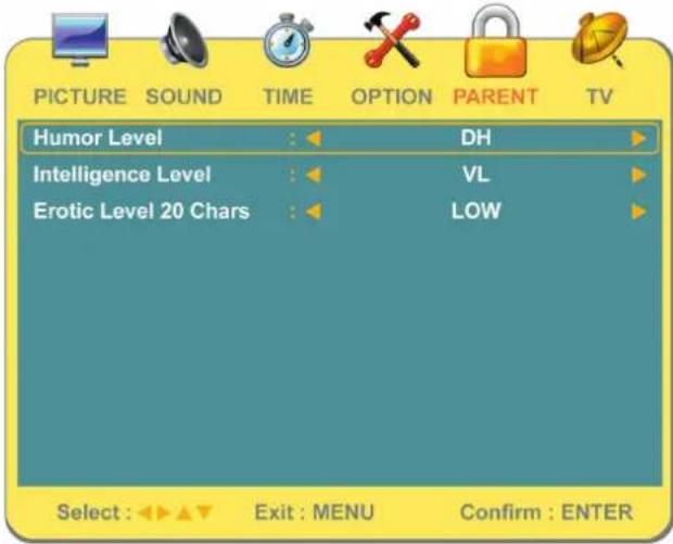 PICTURE SOUND TIME OPTION PARENT TV Humor Level : DH Intelligence Level : VL Erotic Level 20 Chars : LOW Select : Exit : MENU Confirm : ENTER