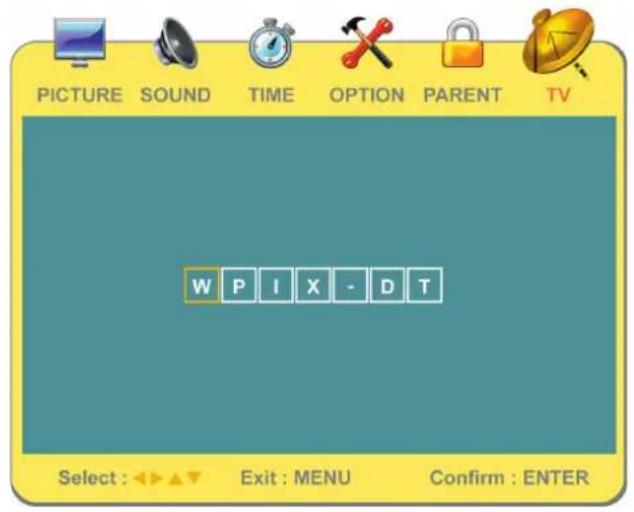 PICTURE SOUND TIME OPTION PARENT TV W P I X - D T Select : Exit : MENU Confirm : ENTER