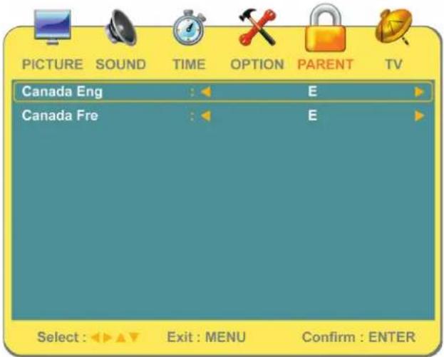 PICTURE SOUND TIME OPTION PARENT TV Canada Eng : E Canada Fre : E Select : Exit : MENU Confirm : ENTER