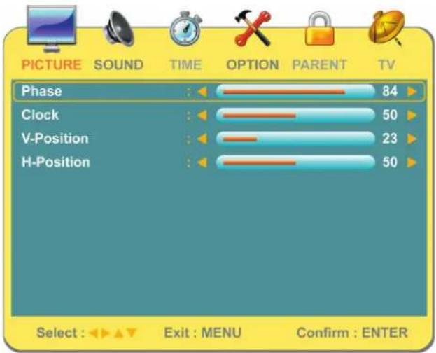 PICTURE SOUND TIME OPTION PARENT TV Phase : 84 Clock : 50 V-Position : 23 H-Position : 50 Select : Exit : MENU Confirm : ENTER