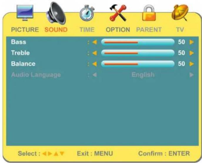PICTURE SOUND TIME OPTION PARENT TV Bass 50 Treble 50 Balance 50 Audio Language English Select : Exit : MENU Confirm : ENTER