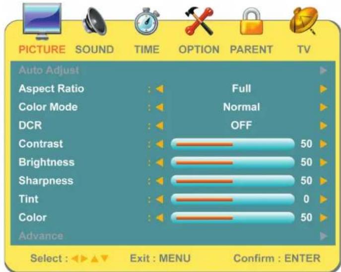 PICTURE SOUND TIME OPTION PARENT TV Auto Adjust Aspect Ratio Full Color Mode Normal DCR OFF Contrast 50 Brightness 50 Sharpness 50 Tint 0 Color 50 Advance Select : ▶ ▶ ▼ Exit : MENU Confirm : ENTER