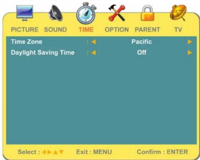 PICTURE SOUND TIME OPTION PARENT TV Time Zone Daylight Saving Time Pacific Off Select : ←→ ▲▼ Exit : MENU Confirm : ENTER