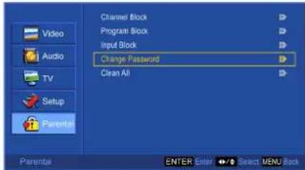 Channel Block Program Block Input Block Change Password Clean All Video Audio TV Setup Parental ENTER Enter Select MENU Back