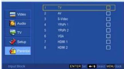 1 2 3 4 5 6 7 8 TV AV S-Vdec YPLPr 1 YPLPr 2 VGA HDMI 1 HDMI 2 Input Block ENTER Set < img src="box123c20000000000000000000000000000000000000000000000000000000000000000000000000000000000 Audio TV Setup Parental