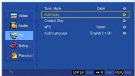 Video Audio TV Setup Parental Tuner Mode Cable Auto Scan Channel Skip MTS Stereo Audio Language English 5.1 CH TV ENTER Scan Select MENU Back