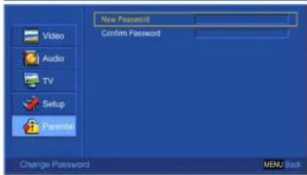 New Password Confirm Password Video Audio TV Setup Parental Change Password MENU Back
