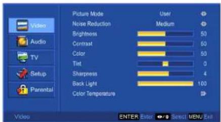 Video Audio TV Setup Parental Picture Mode Noise Reduction Brightness Contrast Color Tint Sharpness Back Light Color Temperature User Medium 50 50 50 0 4 100 Enter Enter Select MENU Exit