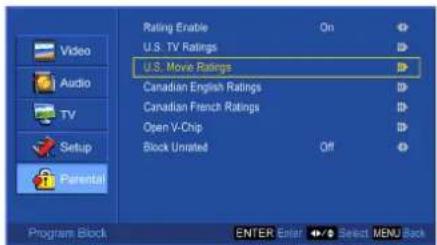 Rating Enable On U.S. TV Ratings U.S. Movie Ratings Canadian English Ratings Canadian French Ratings Open V-Chip Block Unrated Off Program Block ENTER Enter ▶ Select MENU Back