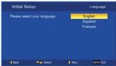 Initial Setup Language Please select your language: English Español Français Back Select Next MENU Exit