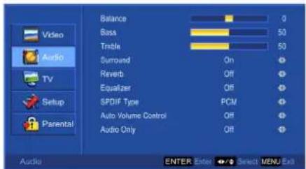 Video Audio TV Setup Parental Balance 0 Bass 50 Treble 50 Surround On Reverb Off Equalizer Off SPDIF Type PCM Auto Volume Control Off Audio Only Off Audio ENTER: Enter ▼/▼ Select: MENU Exit
