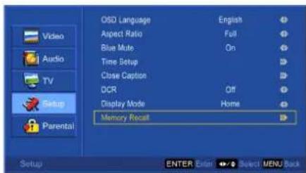 OSD Language Aspect Ratio Blue Mute Time Setup Close Caption DCR Display Mode Memory Recall Setup ENTER Enter Select MENU Back