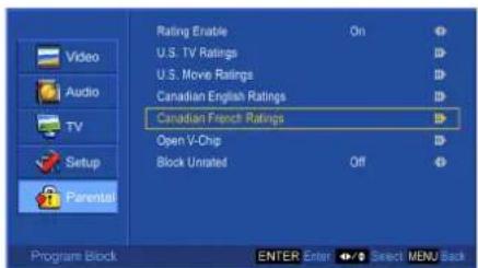 Rating Enable U.S. TV Ratings U.S. Movie Ratings Canadian English Ratings Canadian French Ratings Open V-Chip Block Unrated Off Program Block ENTER Enter ▶ Select MENU Back