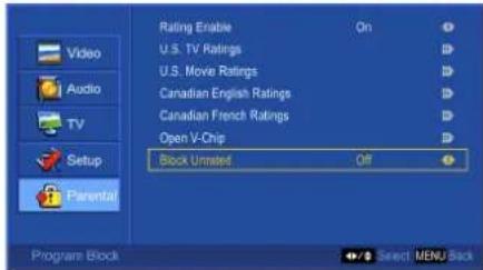 Rating Enable On U.S. TV Ratings U.S. Movie Ratings Canadian English Ratings Canadian French Ratings Open V-Chip Block Unrated Off Program Block Select MENU Back