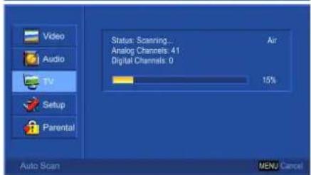 Video Audio TV Setup Parental Status: Scanning... Analog Channels: 41 Digital Channels: 0 Air 15% Auto Scan MENU Cancel