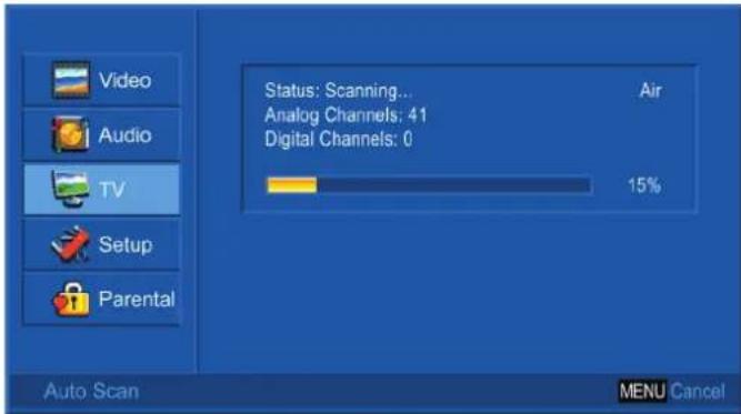 Video Audio TV Setup Parental Status: Scanning... Analog Channels: 41 Digital Channels: 0 Air 15% Auto Scan MENU Cancel