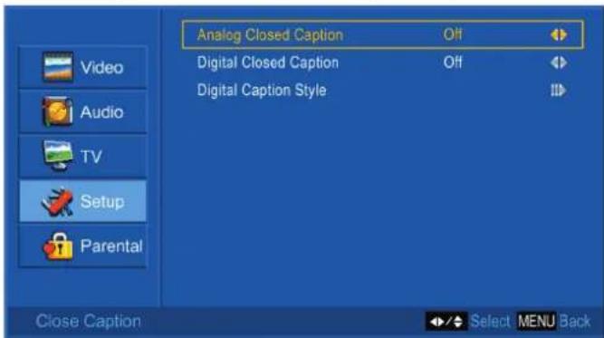 Analog Closed Caption Digital Closed Caption Digital Caption Style Video Audio TV Setup Parental Close Caption Select MENU Back