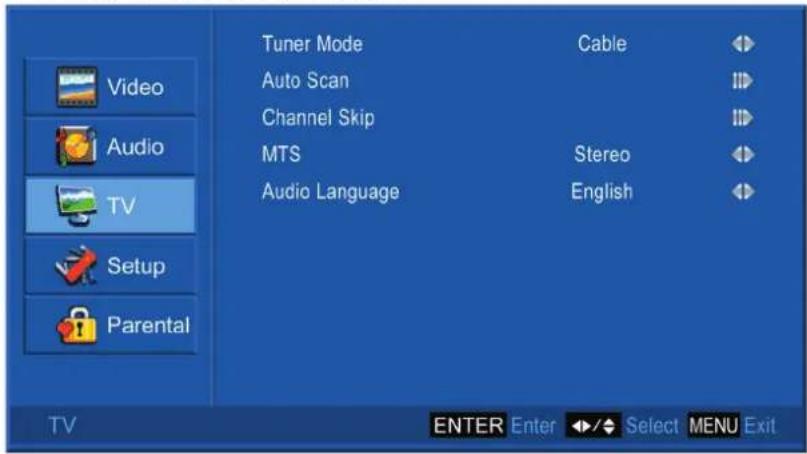 Video Audio TV Setup Parental Tuner Mode Cable Auto Scan Channel Skip MTS Stereo Audio Language English ENTER Enter Select MENU Exit