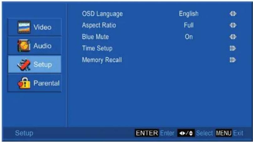 OSD Language Aspect Ratio Blue Mute Time Setup Memory Recall English Full On Setup Audio Setup Parental ENTER Enter Select MENU Exit