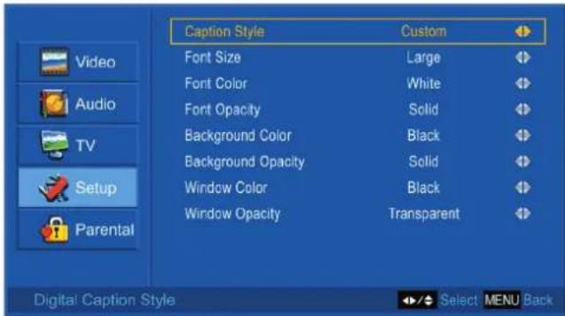 Caption Style Custom Font Size Large Font Color White Font Opacity Solid Background Color Black Background Opacity Solid Window Color Black Window Opacity Transparent Video Audio TV Setup Parental Digital Caption Style Select MENU Back