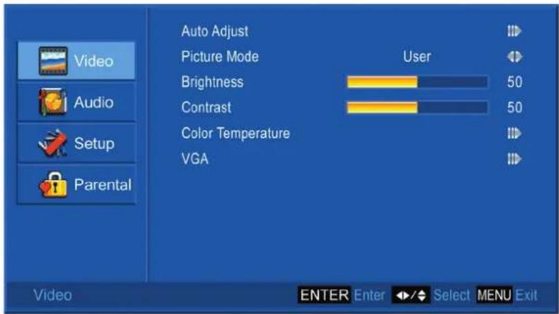 Video Audio Setup Parental Auto Adjust Picture Mode User Brightness 50 Contrast 50 Color Temperature VGA Video ENTER Enter • Picture Mode: To select picture mode between User, Cinema, Sport, Vivid, and Hi-Bright. - Brightness: To adjust luminance of video. (right: Max, left: Min.) - Contrast: To adjust contrast of video. (right: Max, left: Min.) • Color: To adjust color. (right: brilliant color, left: pale color.) - Tint: To adjust tint level. (right: greenish tone, left: reddish tone.) - Sharpness: To adjust picture sharpness. (right: sharper, left: softer.) - Color Temperature: Press ENTER to select color temperature from User, Cool, Normal, and Warm. text_image Color Temperature User R Gain 0 G Gain 0 B Gain 0 Color Temperature Select MENU Back