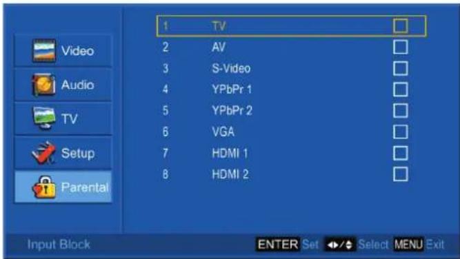 1 TV 2 AV 3 S-Video 4 YPbPr 1 5 YPbPr 2 6 VGA 7 HDMI 1 8 HDMI 2 Input Block ENTER Set Select MENU Exit