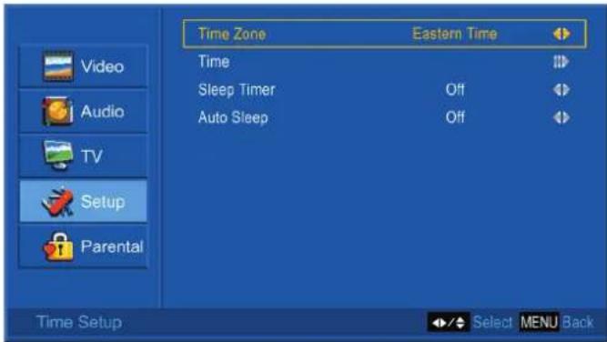 Time Zone Eastern Time Time Sleep Timer Off Auto Sleep Off Video Audio TV Setup Parental Time Setup Select MENU Back