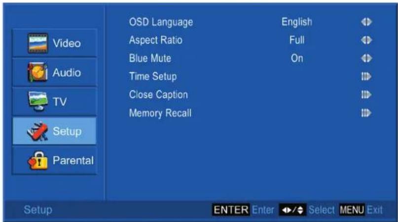OSD Language Aspect Ratio Blue Mute Time Setup Close Caption Memory Recall English Full On Setup Video Audio TV Setup Parental ENTER Enter Select MENU Exit