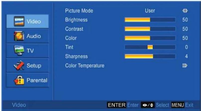 Picture Mode User Brightness 50 Contrast 50 Color 50 Tint 0 Sharpness 4 Color Temperature Video ENTER Enter Select MENU Exit