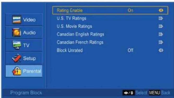 Rating Enable On U.S. TV Ratings U.S. Movie Ratings Canadian English Ratings Canadian French Ratings Block Unrated Off Program Block Select MENU Back