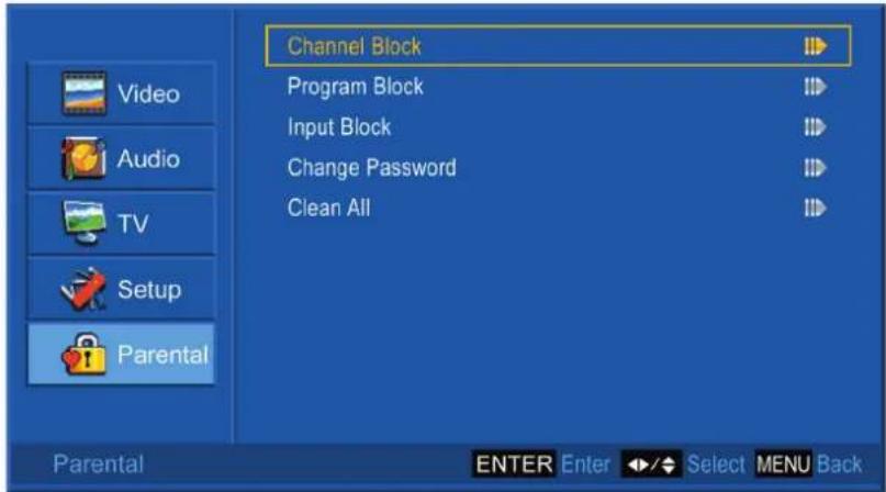 Channel Block Program Block Input Block Change Password Clean All Video Audio TV Setup Parental ENTER Enter Select MENU Back