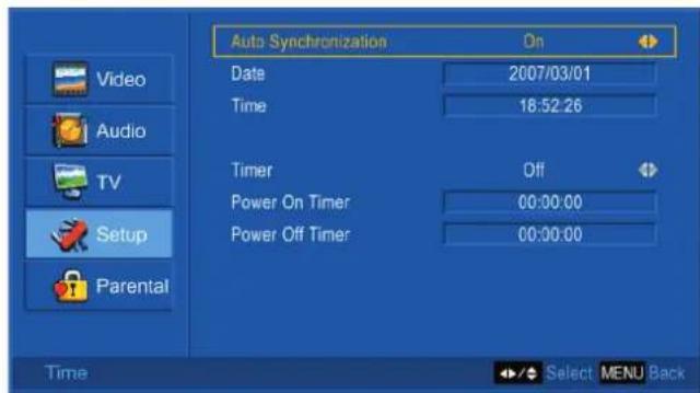 Auto Synchronization On Date 2007/03/01 Time 18:52:26 Timer Off Power On Timer 00:00:00 Power Off Timer 00:00:00 Time Select MENU Back