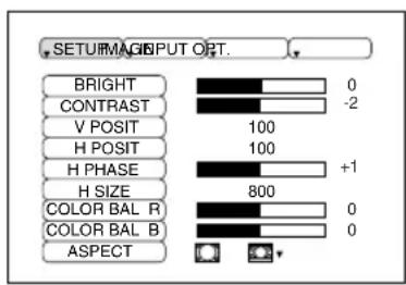 SETU#MAGPUT OPT. BRIGHT CONTRAST V POSIT H POSIT H PHASE H SIZE COLOR BAL R COLOR BAL B ASPECT
