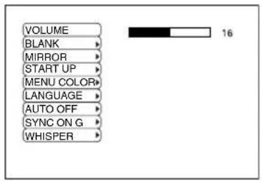 VOLUME BLANK MIRROR START UP MENU COLOR LANGUAGE AUTO OFF SYNC ON G WHISPER