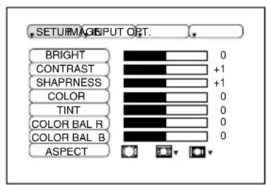 SETURMAG INPUT OPT. BRIGHT CONTRAST SHAPRNESS COLOR TINT COLOR BAL R COLOR BAL B ASPECT 0 +1 +1 0 0 0 0 0