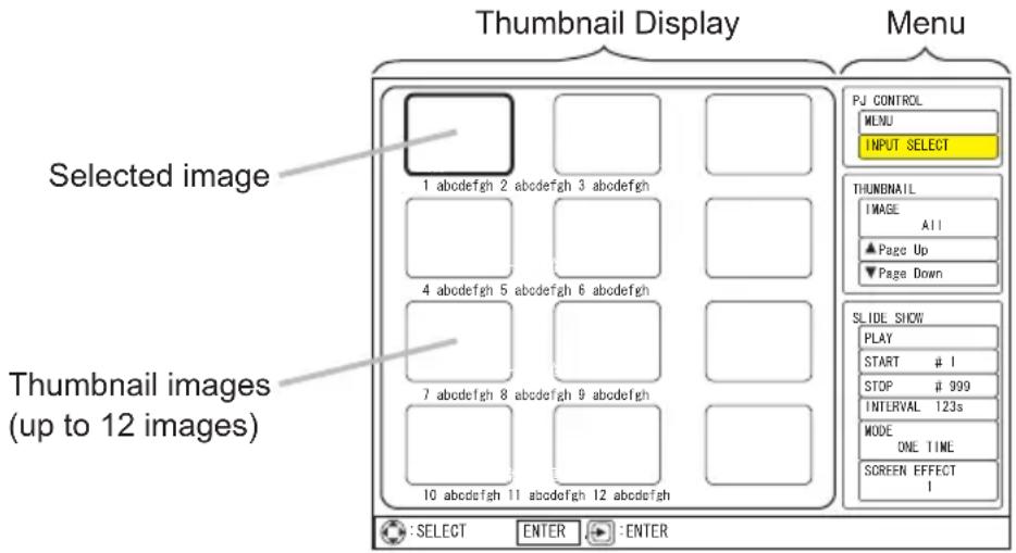 Thumbnail Display Selected image 1 abcdefgh 2 abcdefgh 3 abcdefgh 4 abcdefgh 5 abcdefgh 6 abcdefgh 7 abcdefgh 8 abcdefgh 9 abcdefgh 10 abcdefgh 11 abcdefgh 12 abcdefgh Menu PJ CONTROL MENU INPUT SELECT THUMBAIL IMAGE ALL ▲ Page Up ▼ Page Down SLIDE SHOW PLAY START # 1 STOP # 999 INTERVAL 123s MODE ONE TIME SCREEN EFFECT 1 Thumbnail images (up to 12 images) : SELECT ENTER : ENTER